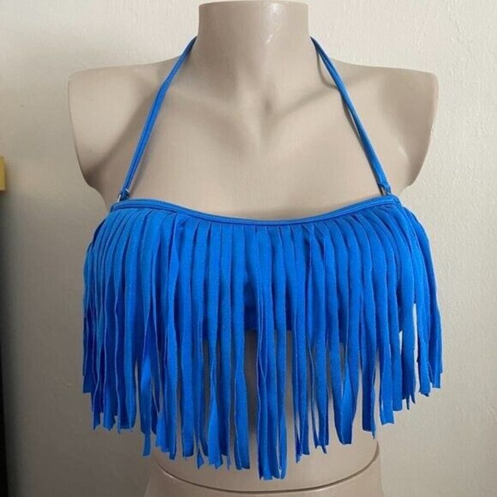 Raisins Halter Bandeau Fringe Bikini Top Royal Blue Size M
